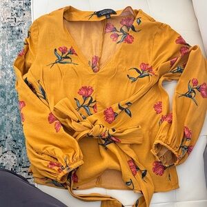 Tie-Waist Mustard Floral V-Neck Blouse